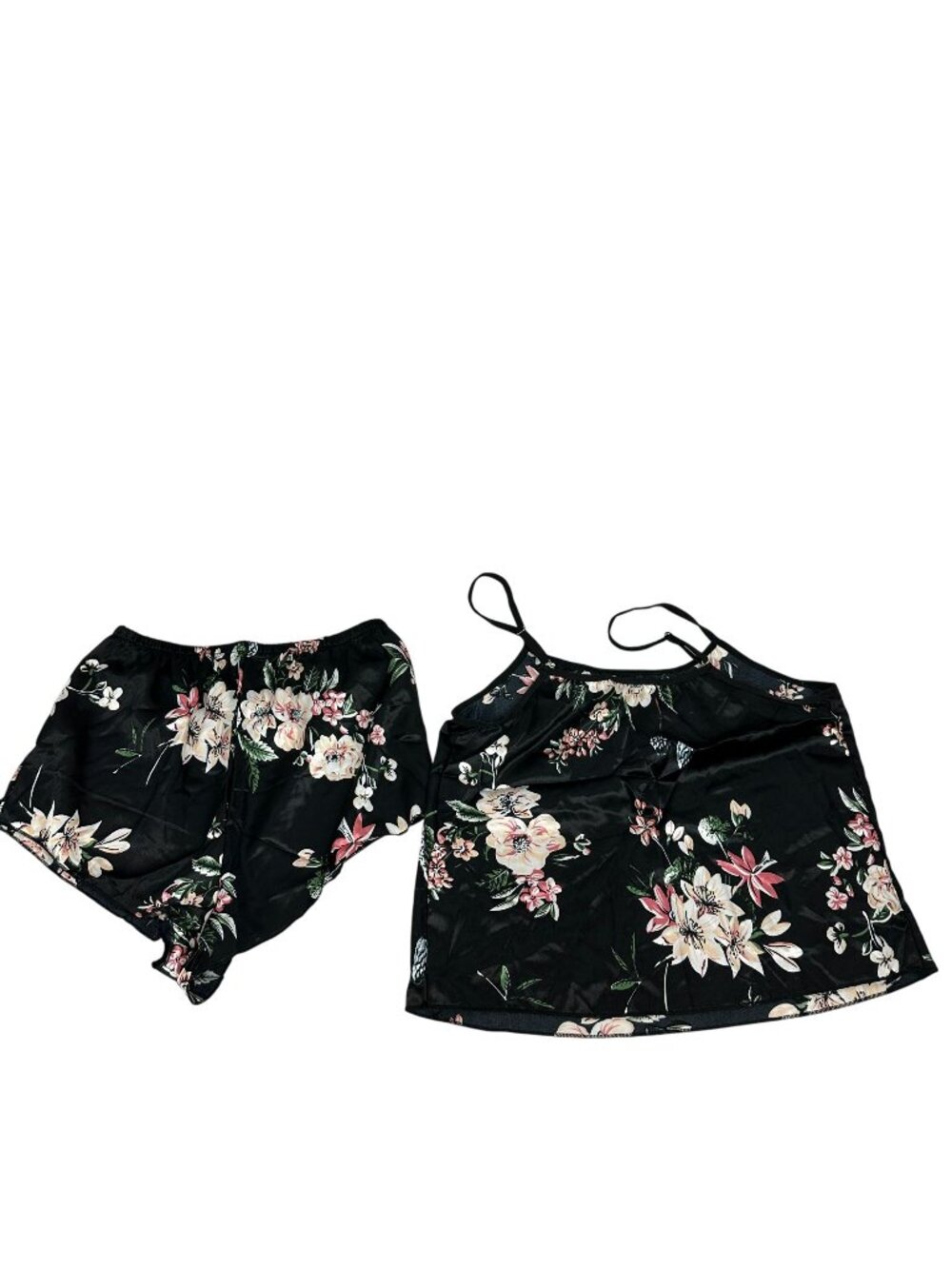 Black Floral Satin Pajama Set Sleeveless Cami Top & Shorts S Relaxed Fit